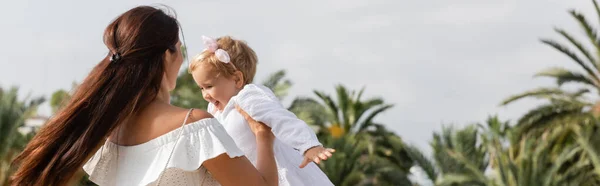 Parent Playing Smiling Baby Summer Dress Valencia Banner — Stock Photo, Image