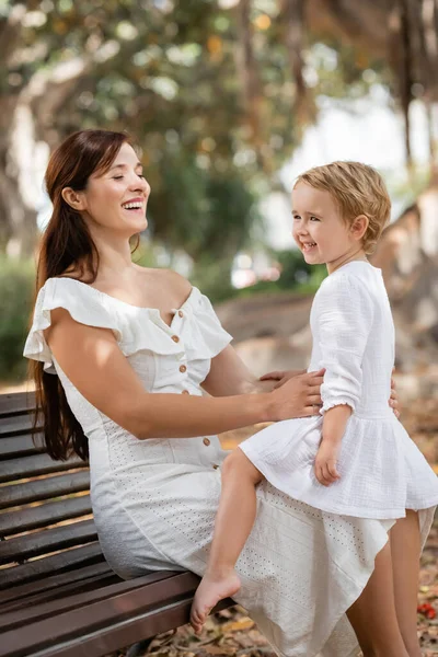 Cheerful Toddler Child White Dress Sitting Mother Summer Park — Photo