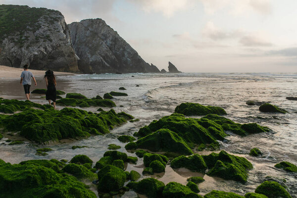 back view of couple walking near green mossy stones in ocean during sunset