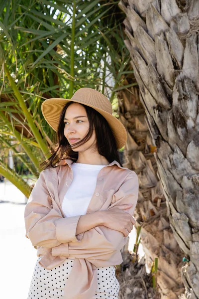 Happy woman in straw hat standing near palm tree and looking away - foto de stock