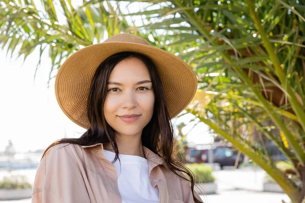 Portrait of positive brunette woman in straw hat looking at camera near blurred palm leaves - foto de stock