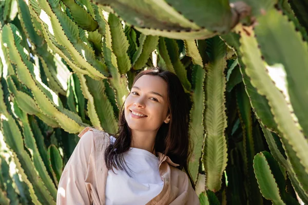 Cheerful brunette woman looking at camera near green succulents — Stock Photo