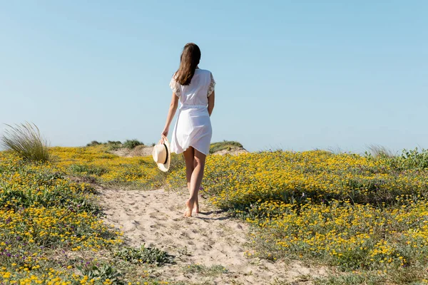 Vue arrière de la femme pieds nus tenant un chapeau de paille tout en marchant sur la plage — Photo de stock