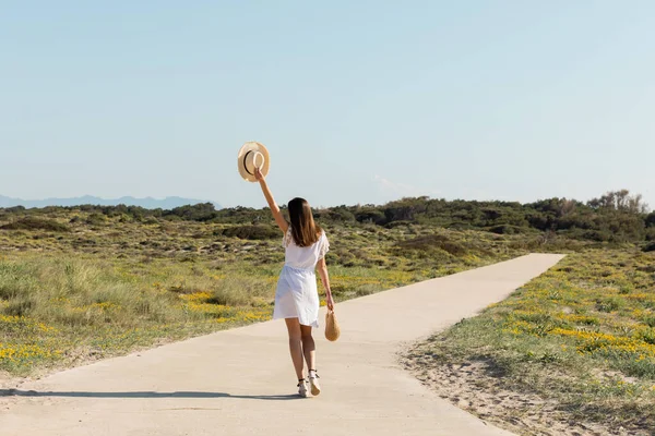 Vista posteriore della donna bruna con cappello e borsetta mentre cammina sulla spiaggia — Foto stock