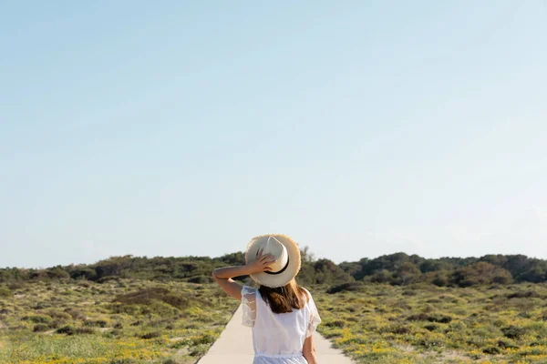 Vue arrière de la femme en robe tenant chapeau de paille sur la plage — Photo de stock