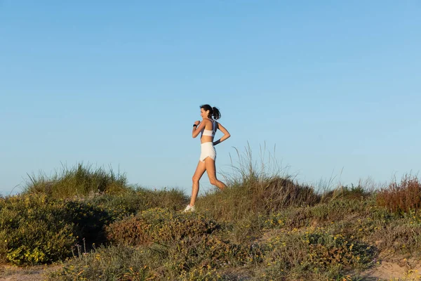 Vista lateral de mujer deportiva en auriculares inalámbricos corriendo en la hierba cerca de la playa - foto de stock