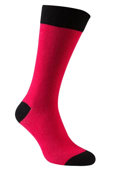 Červená Dlouhá Ponožka Černou Patou Palcem Bílém Pozadí Izolovat — Stock fotografie