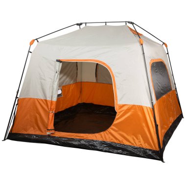 Büyük bir çadır, turuncu beyaz, açık giriş, metal çerçeve, beyaz arka plan, izole