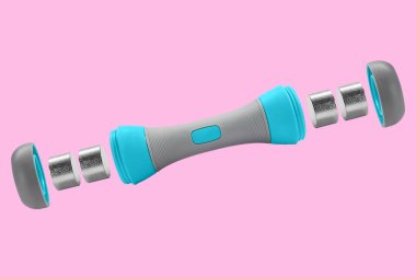 gri yazıcı desenli dambıl sökülmüş, metal yıkama makinesiyle havada duruyor, konsept, pembe arka planda.