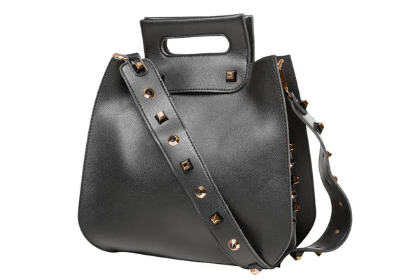 Sac Femme Cuir Noir Avec Rivets Décoratifs Sur Fond Blanc — Photo