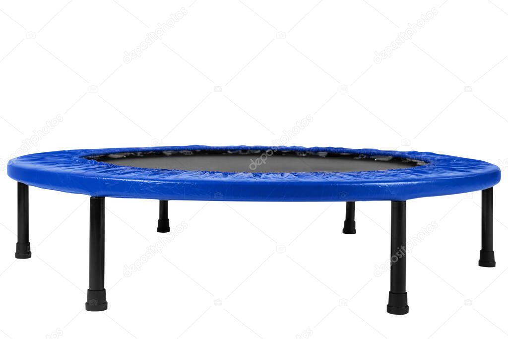 round fitness trampoline on legs, for training or for children, on a white background, side view, isolate