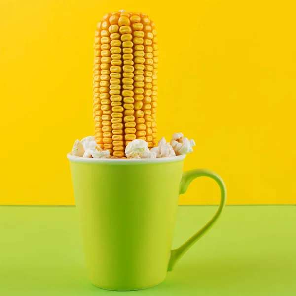 Ear Corn Sticking Out Green Cup Growing Popcorn Scattered Concept — Stock Photo, Image