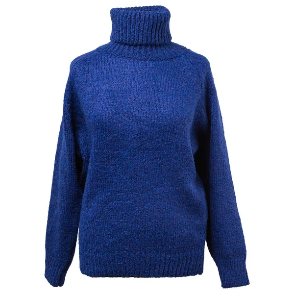 Voluminous Blue Woolen Sweater High Collar White Background Isolate — Foto Stock