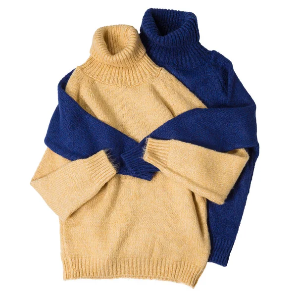 Two Woolen Sweaters Yellow Blue Side Side Hugging Taking Care — Zdjęcie stockowe