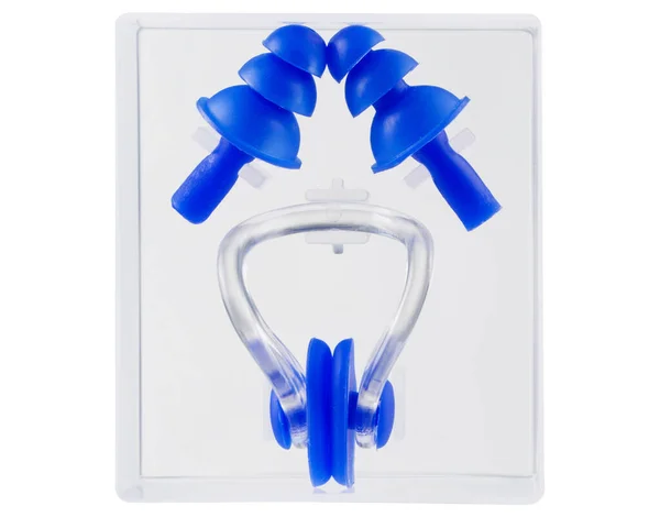 Orrklip Kék Füldugók Egy Műanyag Dobozban Úszás Készlet Fehér Alapon — Stock Fotó