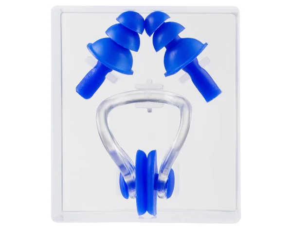 Clip Nasale Tappi Orecchie Blu Una Scatola Plastica Set Bagno — Foto Stock