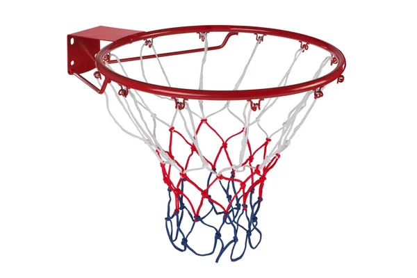 Червона Нова Баскетбольна Обручка Триколорною Сіткою Білому Тлі Ізольована — стокове фото