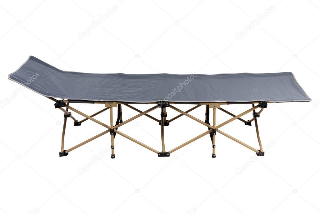 light folding bed for camping and travel, with gray fabric, laid out and standing in a horizontal position, on a white background, isolate