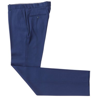 Mavi klasik erkek pantolonu, beyaz arka planda, yarı katlanmış, izole edilmiş.