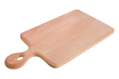 Kayın ağacından kesme tahtası, kulplu yeni boş tahta, yan görüş, seçici odaklanma