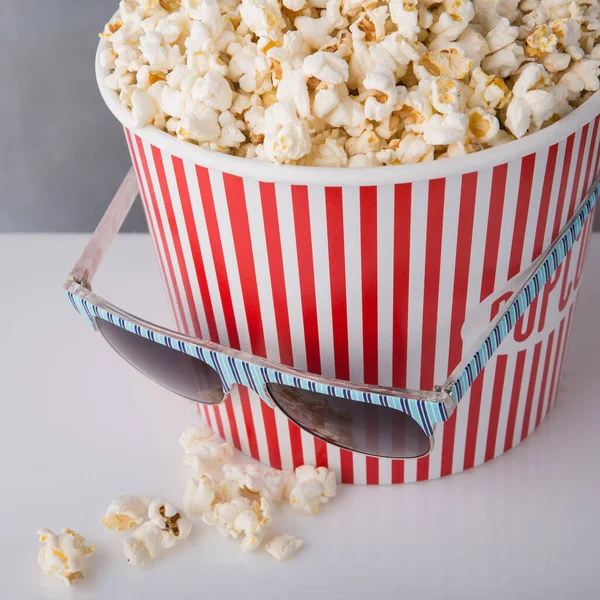 Sick Cardboard Container Red Strip Full Pop Corn Container Glasses — Stock Photo, Image