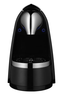 modern siyah kapsül kahve makinesi, beyaz arka planda, ön planda, izole