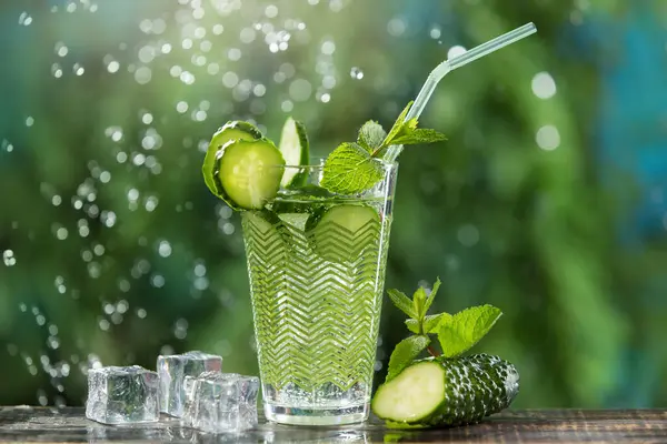 Refreshing Carbonated Drink Ice Straw Glass Next Cucumber Mint Concept — Stock Photo, Image