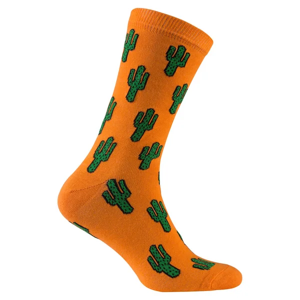 Calcetín Naranja Con Patrón Cactus Verdes Sobre Fondo Blanco Vista —  Fotos de Stock