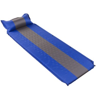 Yürüyüş ya da kamp için mavi minder, çapraz yatar, beyaz arka planda, izole