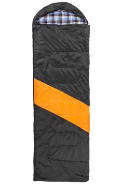 Turuncu çizgili uyku tulumu, beyaz bir arka plan üzerine serilmiş, izole edilmiş, düz uzanmış.