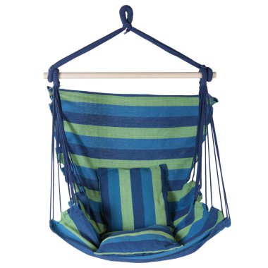 Mavi ve yeşil çizgili kumaş hamak sandalyesi, beyaz arka plan, ön konum, izole