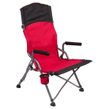 Kamp ya da balıkçılık için kırmızı katlanır koltuk, beyaz arka planda, izole