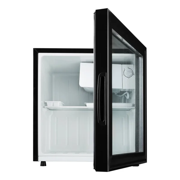 Маленький Черный Холодильник Стеклянной Дверью Дверь Открыта Белом Фоне Лобовое — стоковое фото