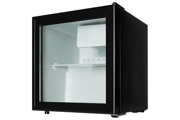 黑色小冰箱 有玻璃门 门是关着的 在白色的背景上 侧面看 — 图库照片