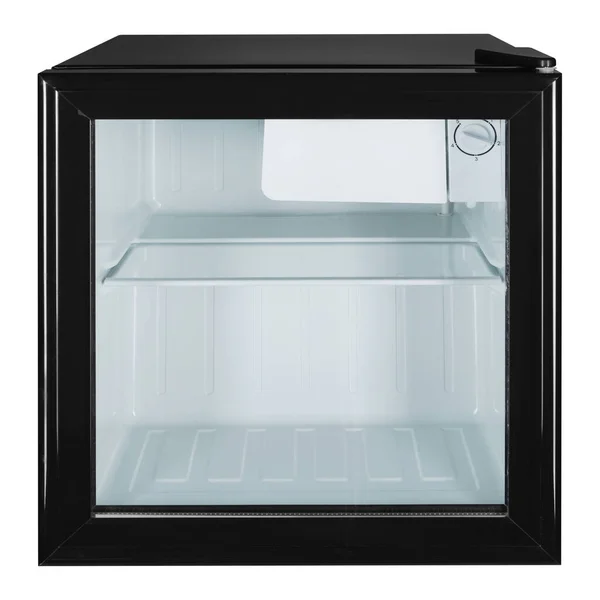 Маленький Черный Холодильник Мини Бар Стеклянной Дверью Лобовое Расположение Дверь — стоковое фото