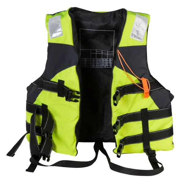 绿色救生衣 有哨子 用于水上运动 解开扣子 有安全带 白色背景 前部位置 — 图库照片