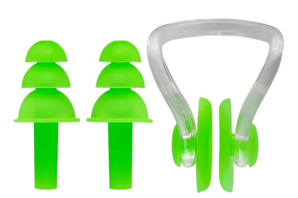 Plugues Ouvido Silicone Verde Clipe Nariz Kit Natação Fundo Branco — Fotografia de Stock