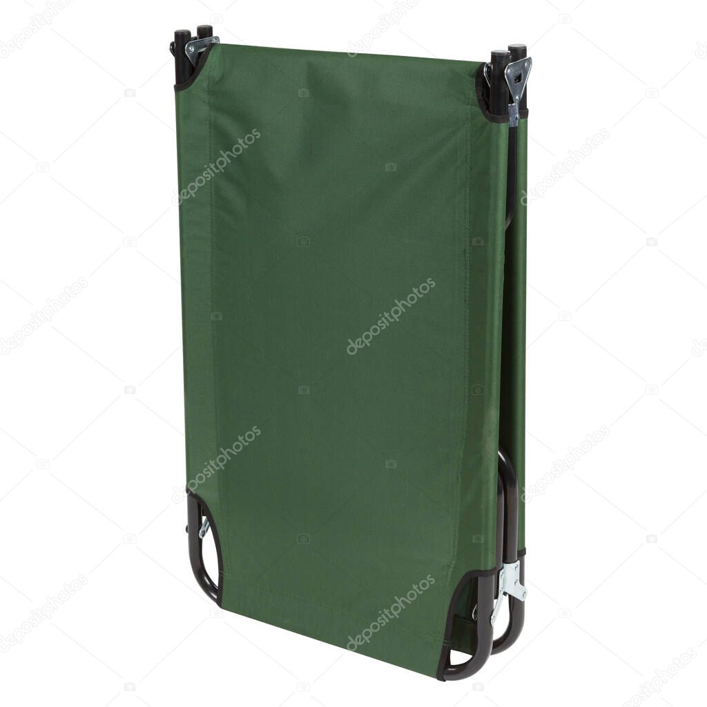 green camp bed for camping or travel, on a white background, folded, isolate
