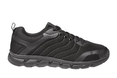 Siyah spor ayakkabıları ince kumaştan, beyaz arka planda, her gün yazlık spor ayakkabıları, izole edilmiş.