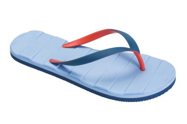 Açık mavi lastik terlikler, beyaz arka planda, plaj veya havuz için ayakkabılar, izole edilmiş.