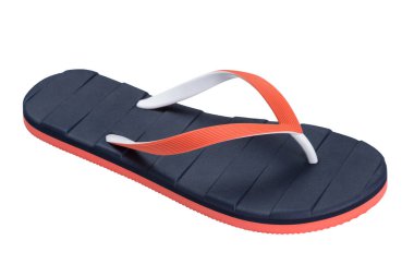 Beyaz arka planda mavi lastik terlikler, plaj ya da havuz için yaz ayakkabıları...