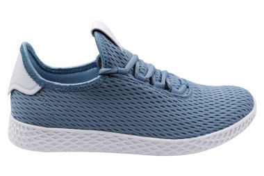 Mavi örgü ayakkabı, yan görüş, yaz ayakkabıları, beyaz arka plan, izole