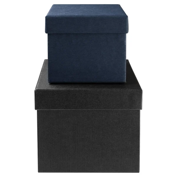 Duas Caixas Presente Preto Azul Ficar Cima Outro Sobre Fundo — Fotografia de Stock