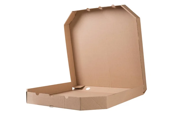 Caixa Papelão Aberta Vazia Para Pizza Arranjo Diagonal Fundo Branco — Fotografia de Stock