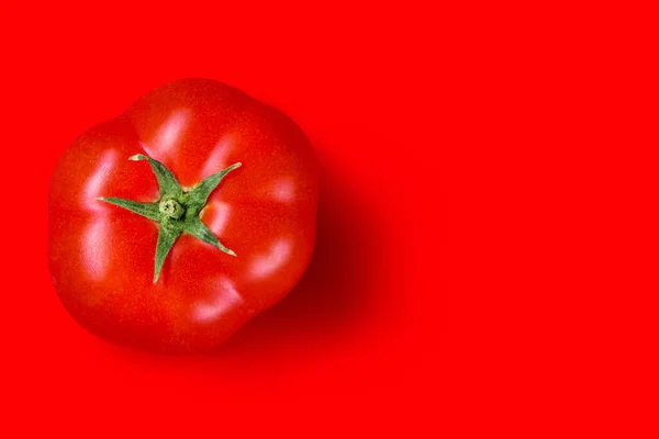 Rote Reife Tomate Auf Rotem Hintergrund Draufsicht Konzept Kopierraum — Stockfoto