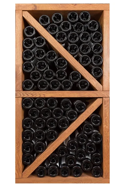 Rak Penyimpanan Anggur Kayu Dengan Banyak Botol Berbaring Belakang Konsep — Stok Foto