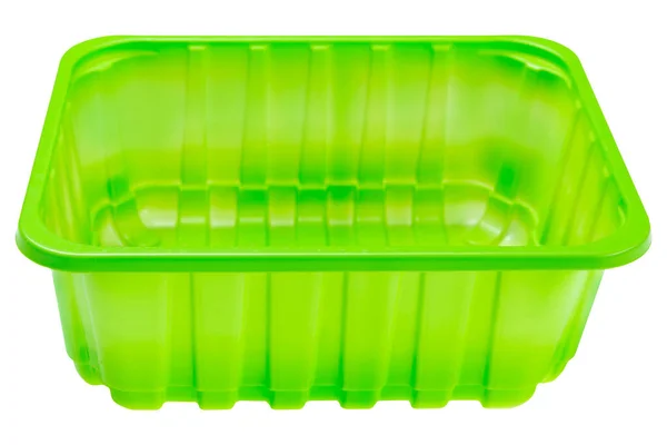 Πράσινο Πλαστικό Δοχείο Τροφίμων Λευκό Φόντο Μακροφωτογραφία Απομόνωση — Φωτογραφία Αρχείου