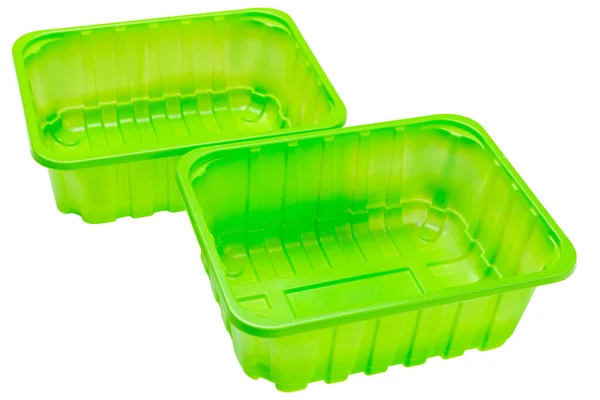两个空的绿色塑料容器肩并肩地站在一个白色的背景上 相互隔离 — 图库照片