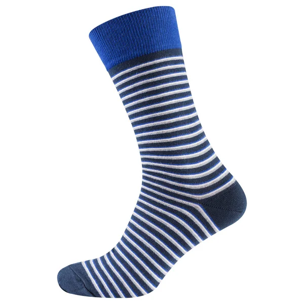 Trendy Volumetric Blue Sock White Stripes White Background Isolate — Stock Photo, Image