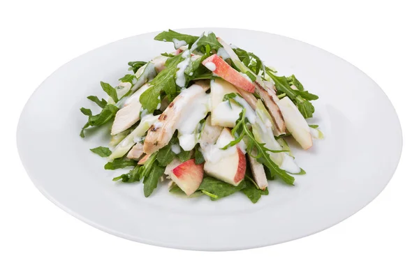 Salada Aptidão Frango Rúcula Partes Maçã Com Molho Branco Prato — Fotografia de Stock
